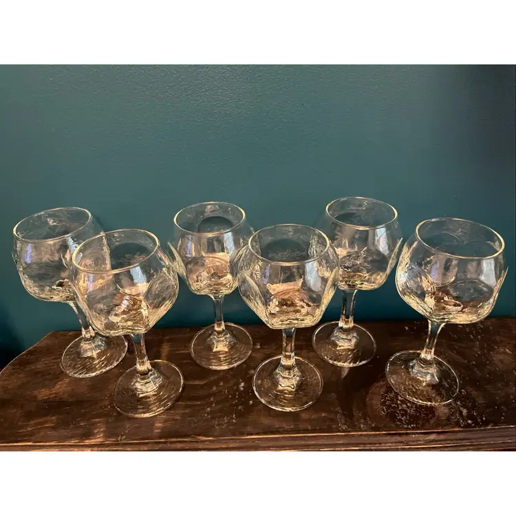 6 MCM-Brutalist Vtg Libbey Chivalry Clear Hock Wine Goblets Six Panel ~ Rare 6”