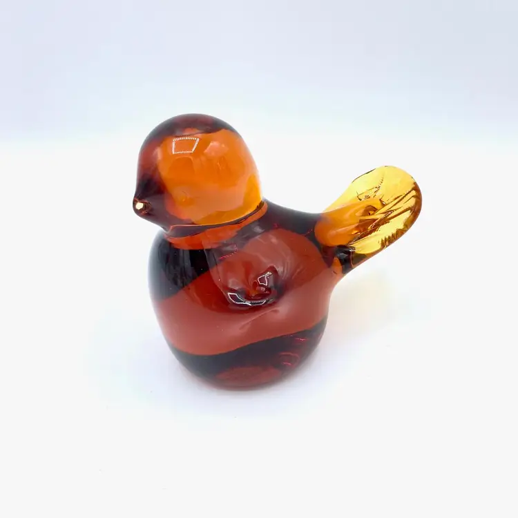 Vintage Viking Honey Amber Short Fat Bird, Blown Art Glass Paperweight, Pulled Wings Beak Tail, Hard to Find