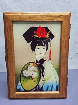 Wooden Hinged Jewelry Trinket Box Asian Lady Art Glass Lid Lined w/Mirror
