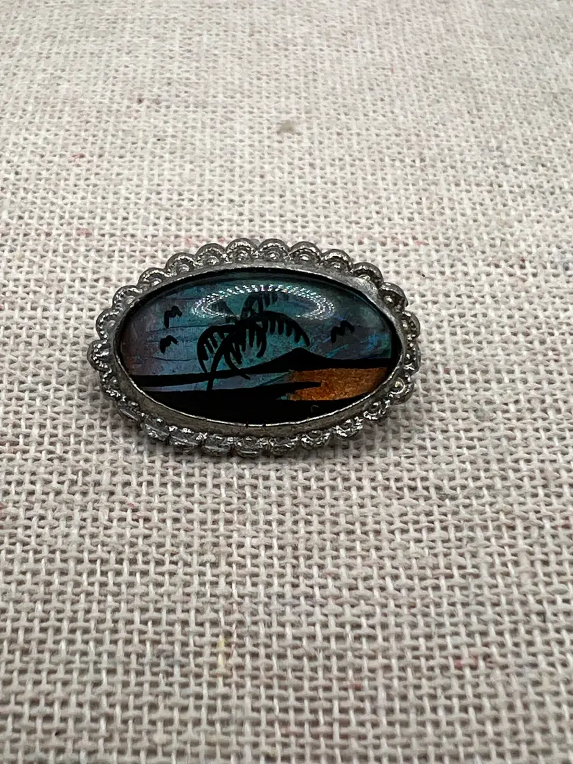 Vintage Butterfly Wing Brooch Tropical Scene Oval Pin Silver Tone