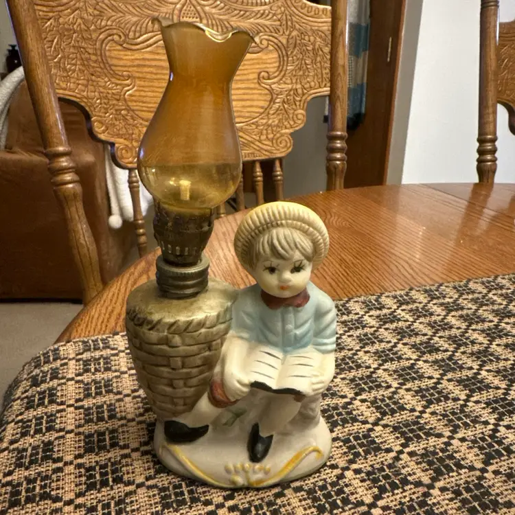 Vintage Boy Oil Lamp Reading Book Ceramic Figurine Amber Glass Chimney