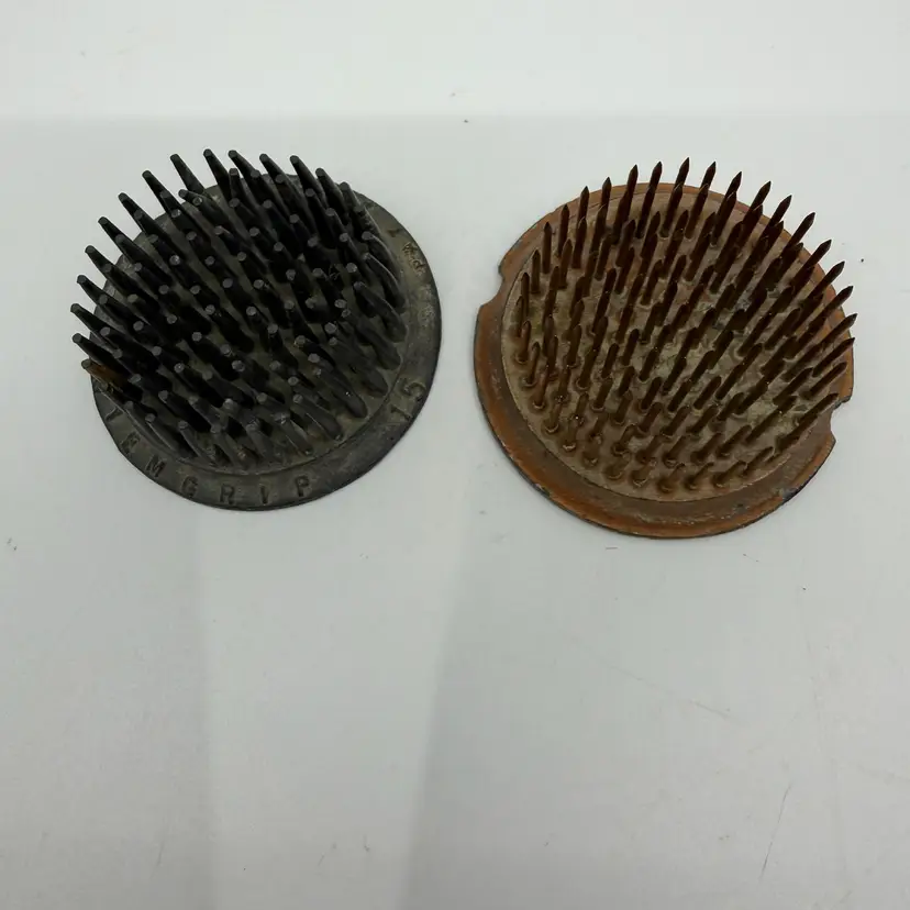 2 Vintage Metal Round Spiked Flower Frogs Stem Grip & One Unmarked