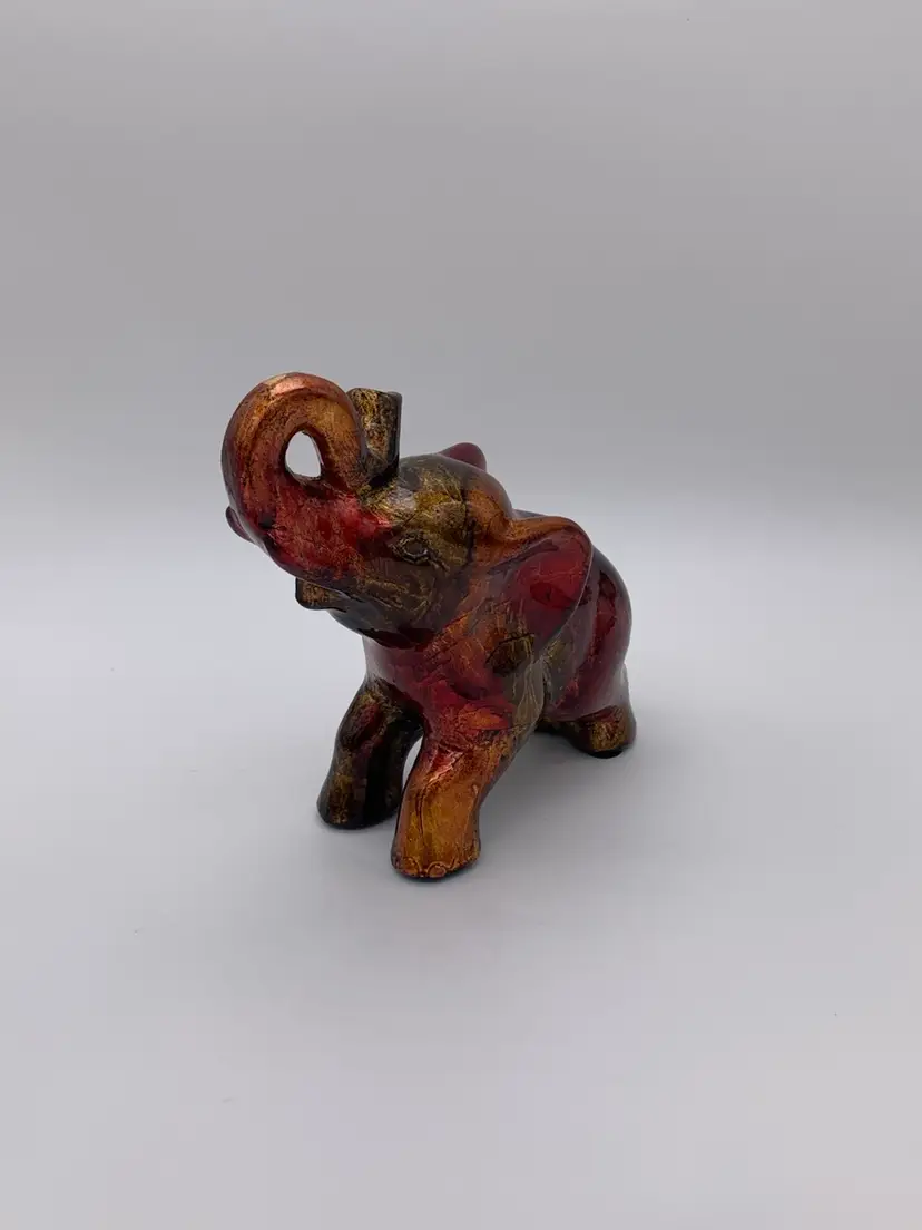 Decorative Handcrafted Ceramic Elephant Sculpture Red Copper Gold Lacquer 7.5”