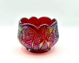 Indiana Glass Heirloom Sunset Ruby Red Carnival Iridescent Rose Bowl #2304.