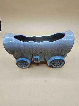 Blue & White 6.25" x 3.5" Covered Wagon Planter, CRAZING