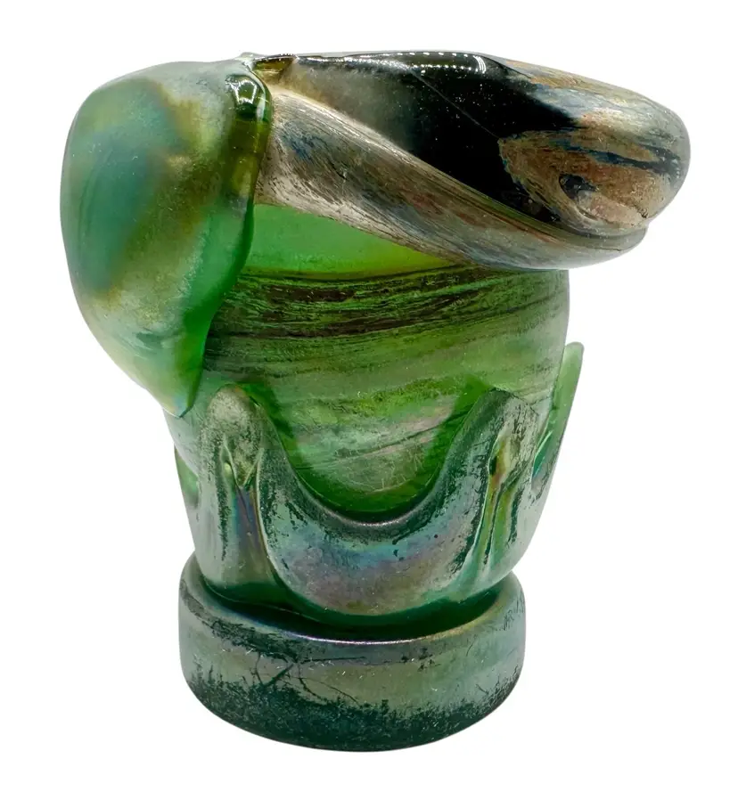 Signed Vintage Studio Art Glass Vase Iridescent Green Abstract Chunky 1971 5.25”