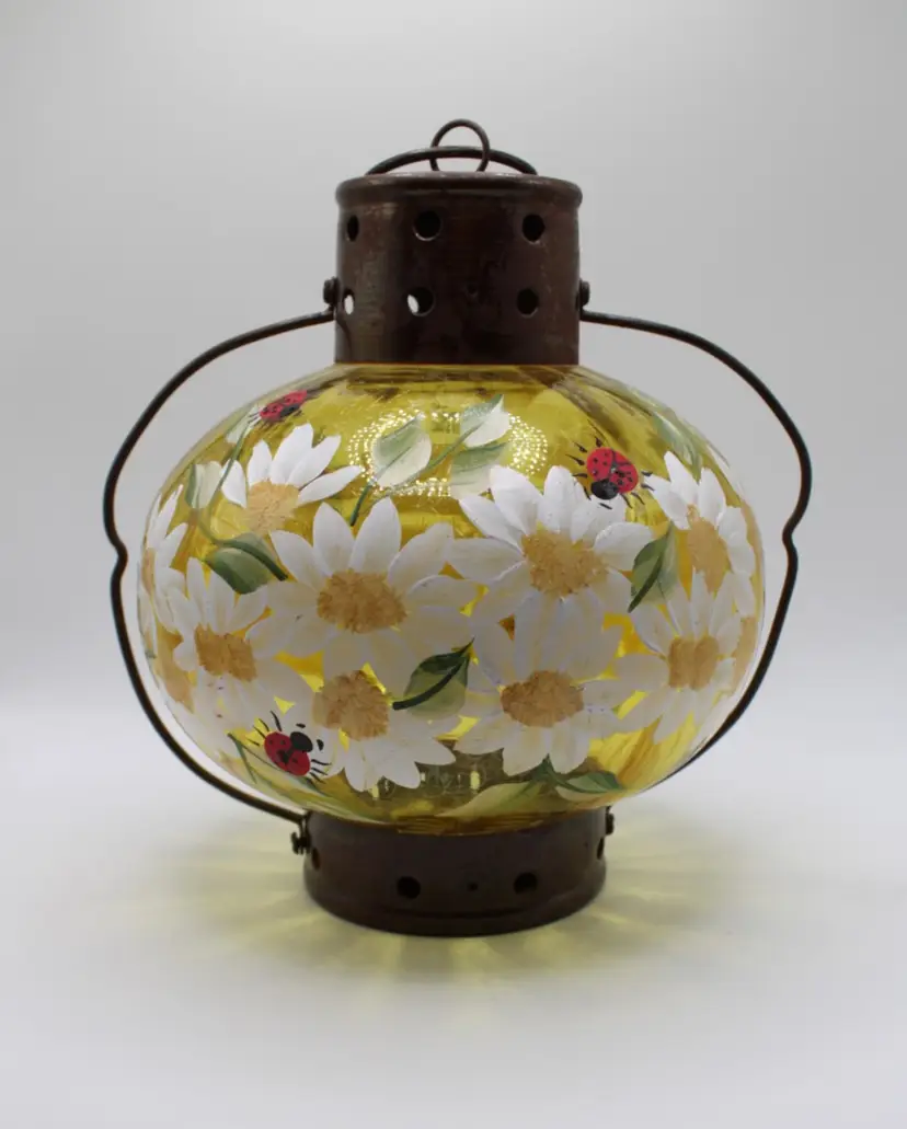 Yellow Crackle Glass Candle Lantern with Hand Painted Daisies and Ladybugs