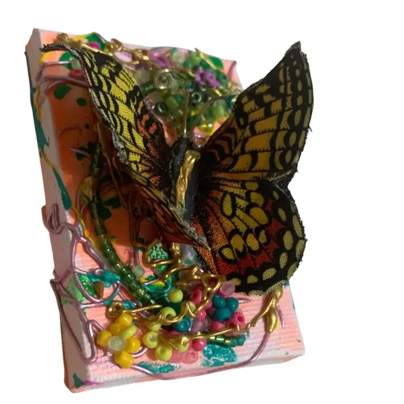 #01 #01. Study 📚 #1 Gorgeous Made By Me Sustainable Art Mounting Of Faux Yellow Butterfly 🦋 On Tiny 2.5” By 3.75” Stretched Canvas Frame UV Reactive Glowy