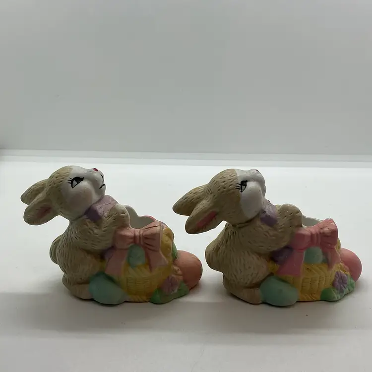 2 Vintage Easter Bunny Rabbits Ceramic Candle Holder Figurines