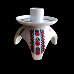 Vintage Ukrainian Art Ceramic Candle Holder With Applied Red And Black Design 3 X 3.75 Inches