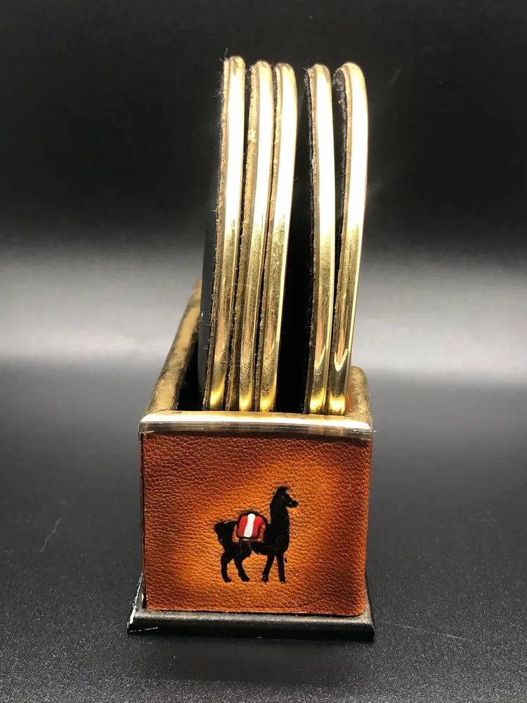 Leather Coaster Set Made In Mexico Inca Llama Hand Stitched 4” Diameter