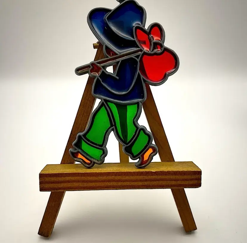 Vintage, Stained Glass/Metal Window Suncatcher, Boy Wearing Hat, Carrying Stick with Red Sack