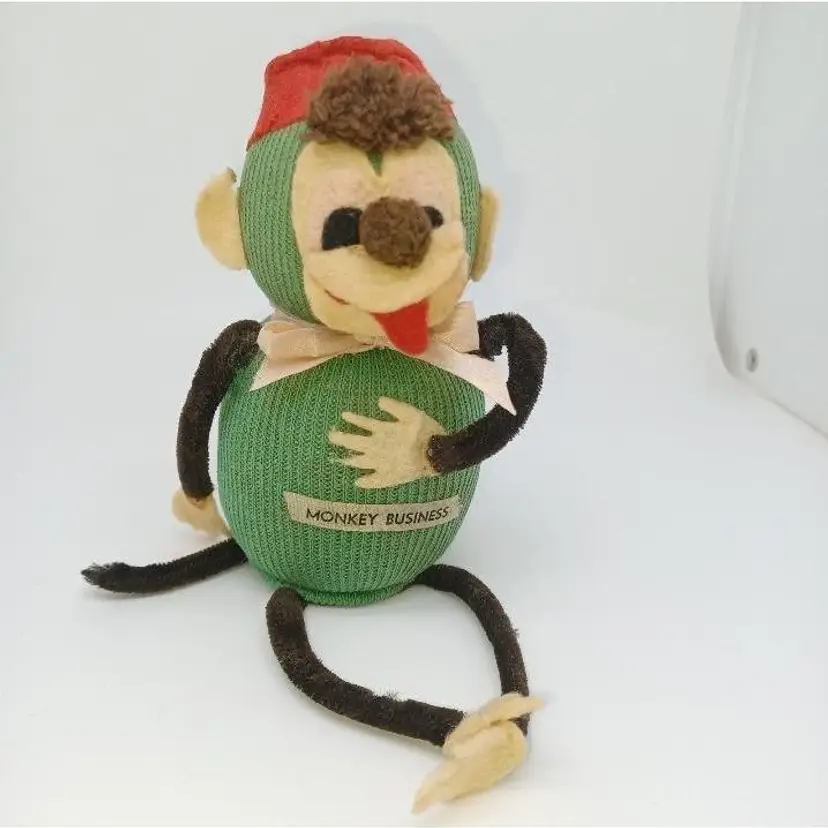 Vintage 1960s Stuart S Creation Monkey Business Sock Doll Blue w/ Red Beanie