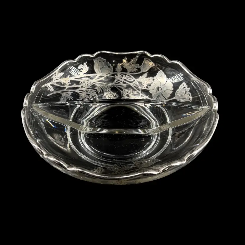 Vintage Condiment Candy Dish 
Silver Overlay
By Cambridge Glass 1940s
Flanders Poppies Pattern