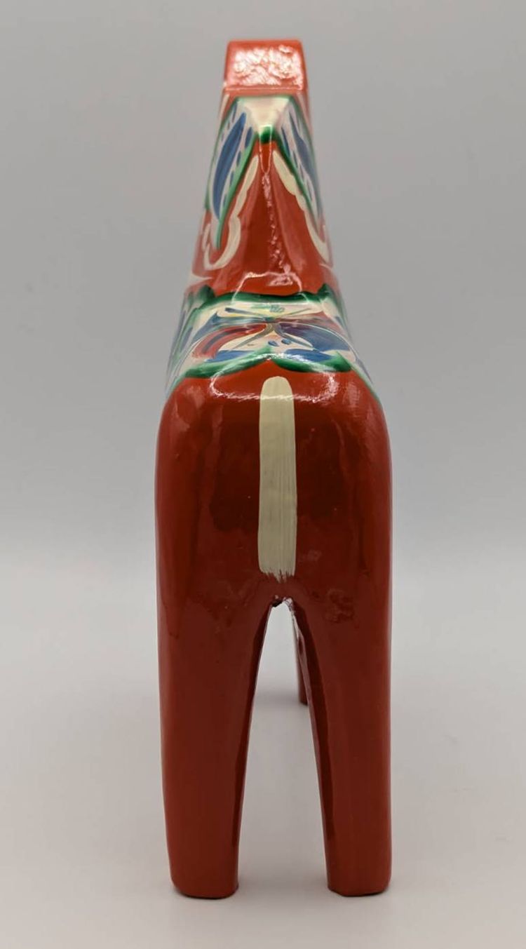 VTG Olsson Hand-Painted Dala Horse Red/Orange Floral Wood Folk Art 7"H Made in Sweden