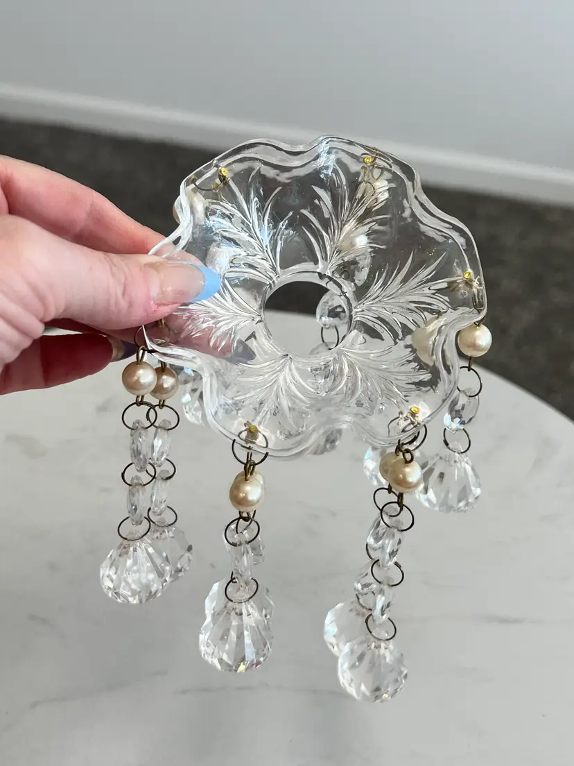 Vtg Acrylic Chandelier Bobeche Candlestick Wax Catcher Scalloped Prism Pearl Pair