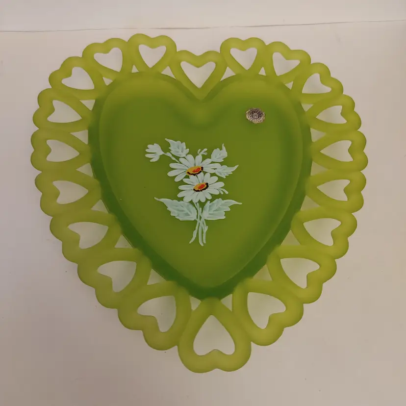 Westmoreland green satin glass heart-shaped trinket dish with floral design. 1970's. No chips.