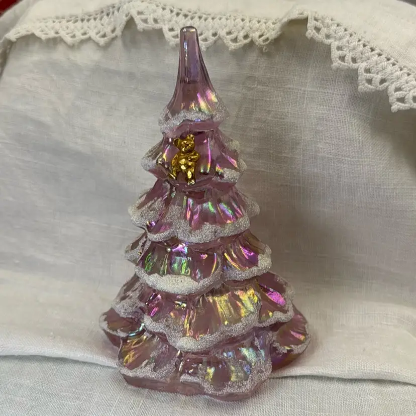 Fenton Pink Iridescent Sugar Flocked Christmas Tree With Gold Bear - 6.5â