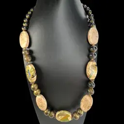 Japan Painted Wooden Bead Brown & Green Necklace with Gold-tone Metal. 
Tag Signed Clasp.