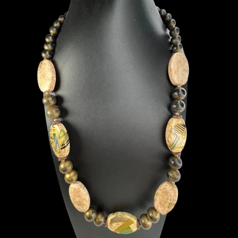 Japan Painted Wooden Bead Brown & Green Necklace with Gold-tone Metal. 
Tag Signed Clasp.