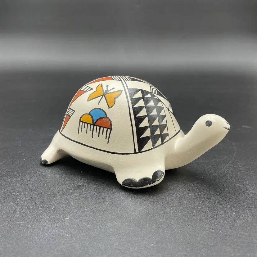 Acoma Pueblo Pottery Native American Folk Art Turtle with Butterfly Figurine Signed