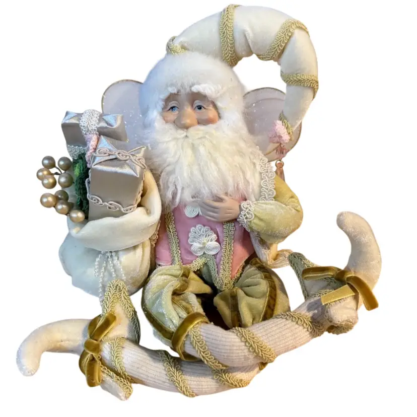 Vtg 9" Santa In White Gold Pink Brocade Fur Trim White Boots Excellent Condition