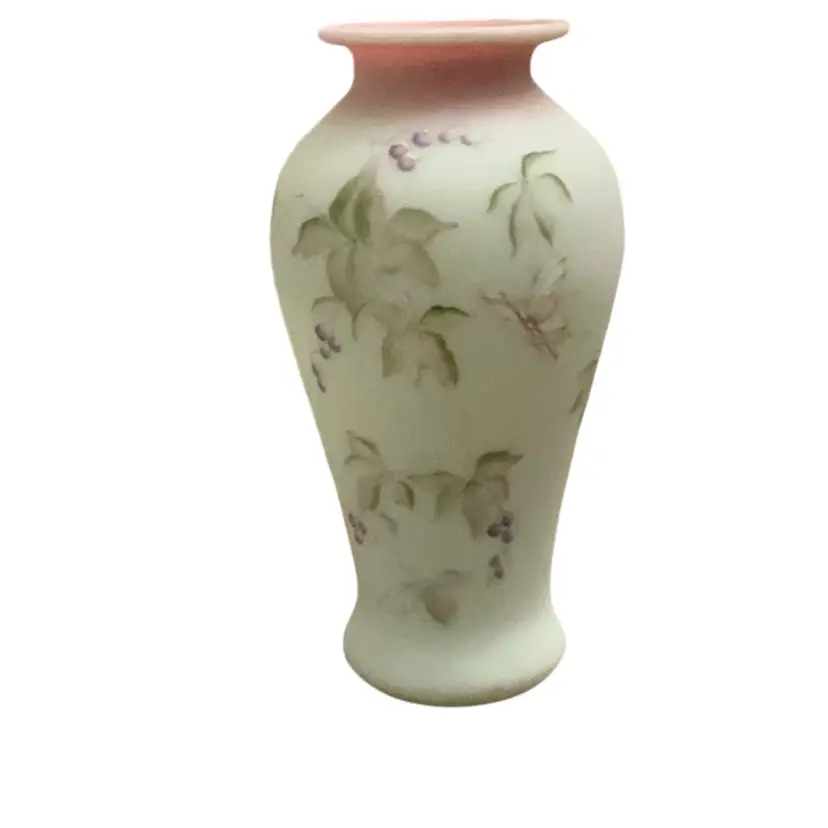 2000 Fenton 95th Anniversary Berry And Butterfly Lotus Mist Burmese Vase HP And Signed By Donna Robinson Limited Edition 2068/2950 10” X 6”