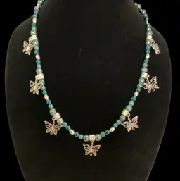 Beautiful Blue And Silvertone Beaded Necklace With Silvertone Butterfly Dangles. Not Signed