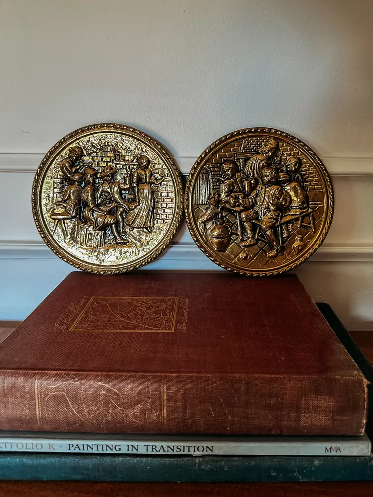 Vintage Brass Decorative Wall Plates Made in England Pair