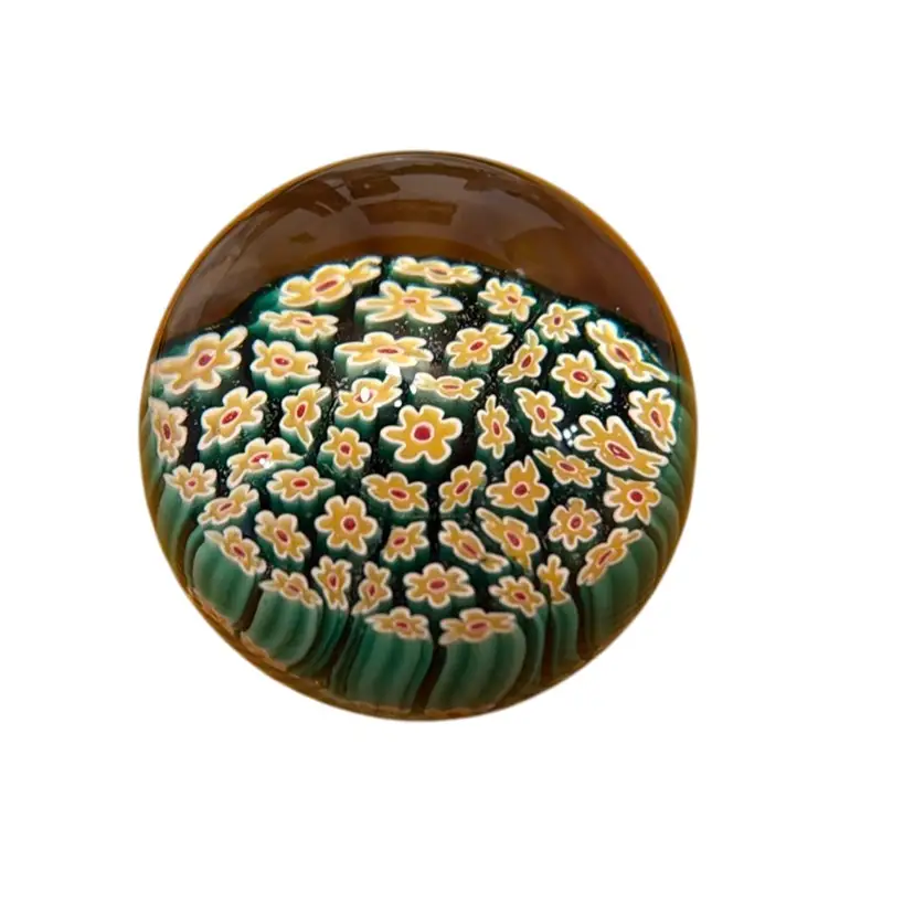 Vintage Murano Millefiore Art Glass Paperweight Yellow Green Red Happy Daisies - 3”