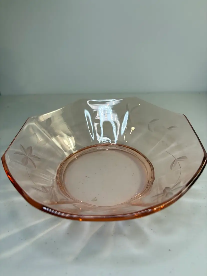 Pink Depression Glass Etched Bowl