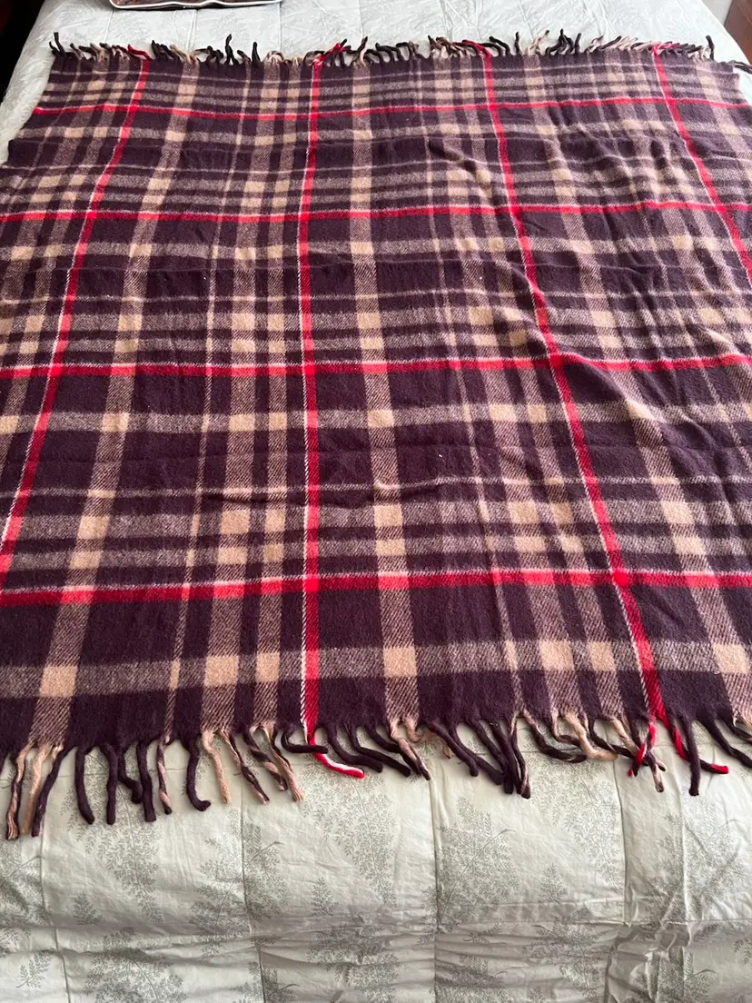 #1094B Vintage FARIBO Pak-A-Robe Acrylic Blanket/Throw. Red, Tan & Brown Plaid 52" x 54" In Original Plastic Zippered Storage Case