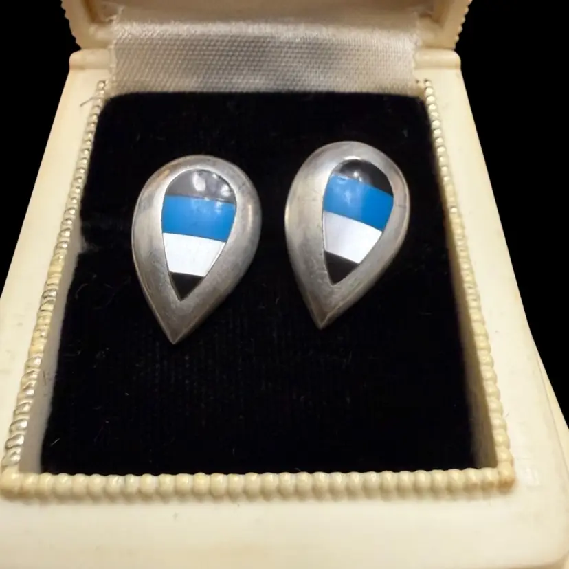 Vintage Southwest 925 Sterling Silver MOP Turquoise Inlay Pierced Earrings