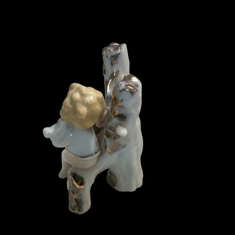 Vintage Porcelain Cherub Playing A Harp For Two Small Green Birdies!! Japan