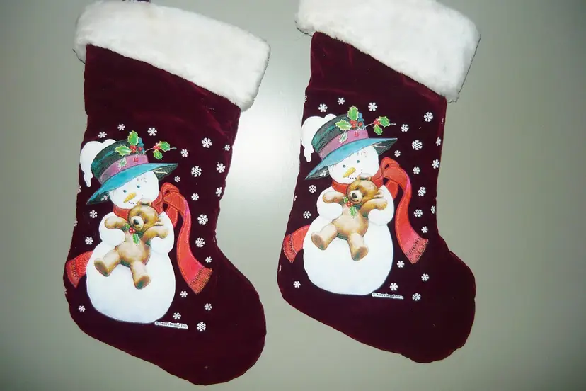 Vintage 2 Moorehead Christmas Stocking Red Velvet Faux Fur Trim Snowman & Bear