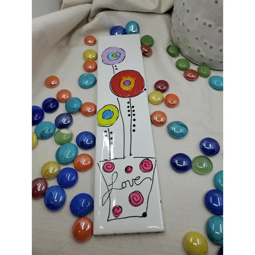 LOVE
Whimsical Handpainted Flowers On Italian Tile 2.25" X 9.75" Ready To Hang Signed By Artist