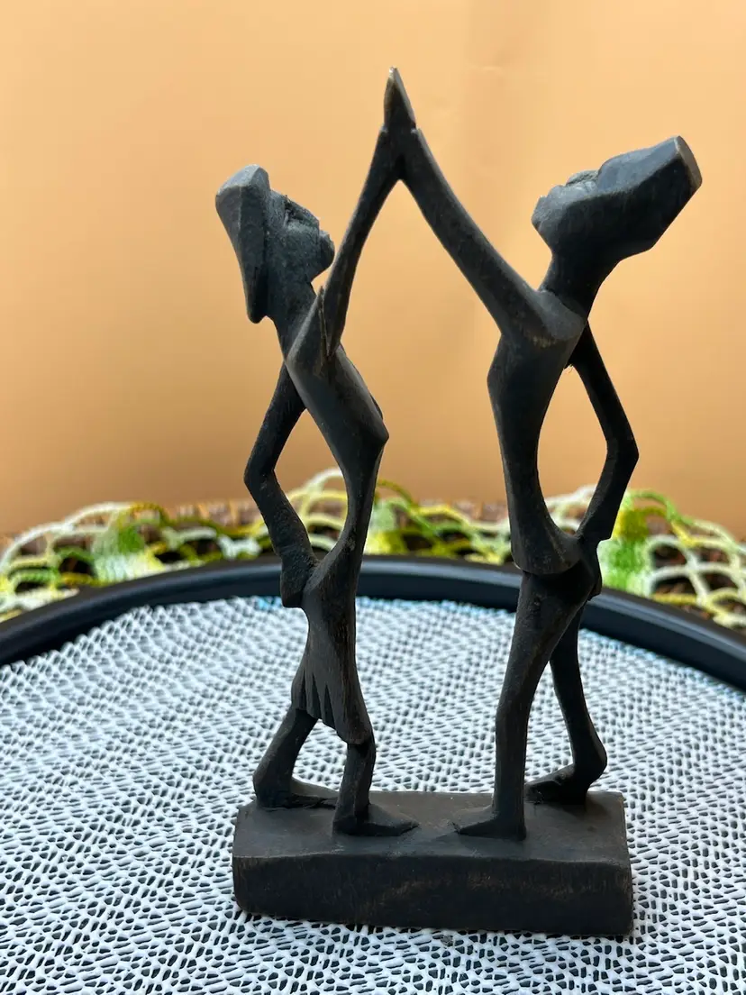 **Haitian(?) Hand-carved Black Wood Man And Woman Dancing Sculpture