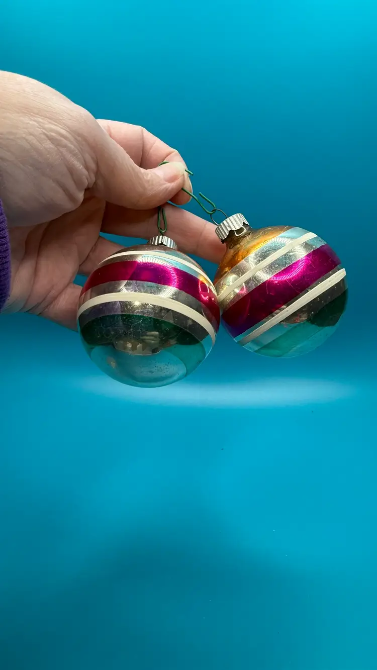 Lot of 2 VTG Shiny Brite Mercury Glass Striped Ornaments Gold Silver Pink Blue