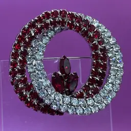Vintage Clear Red Rhinestone Silver Tone Wreath Brooch