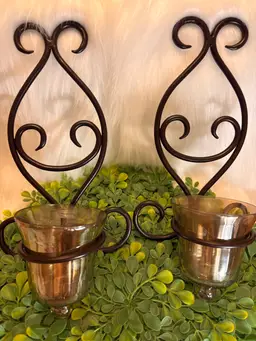 Espresso Metal Wall Sconce Pair w/original Bell Amber Slag Glass Candle Cups