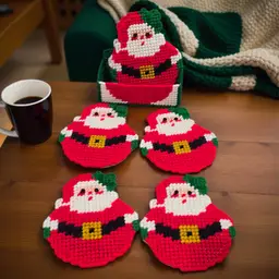 Set of 6 Vintage Handmade Plasticanvas Santa Claus Drink Coasters in Holder