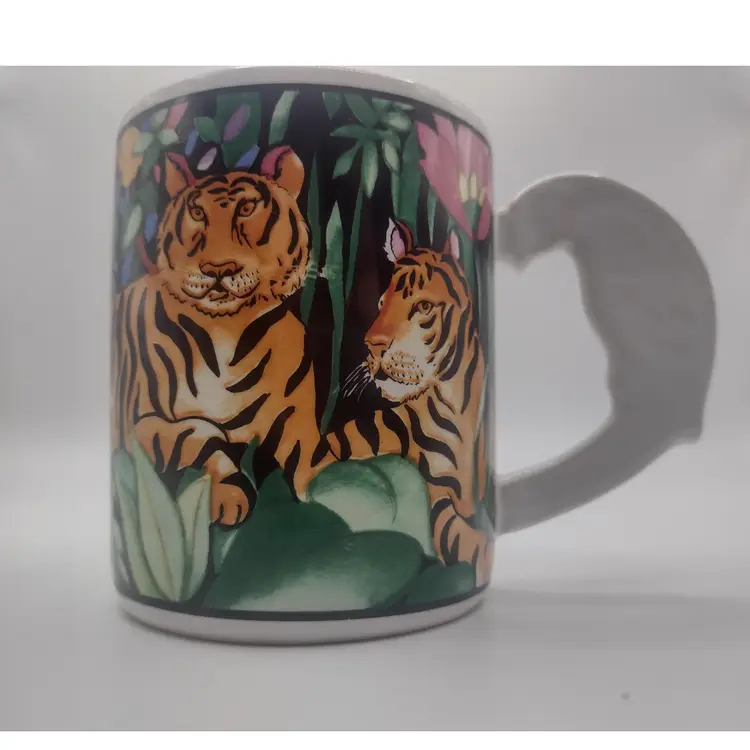 Vintage Mug with Parrot, Tigers And A Tropical Floral Design