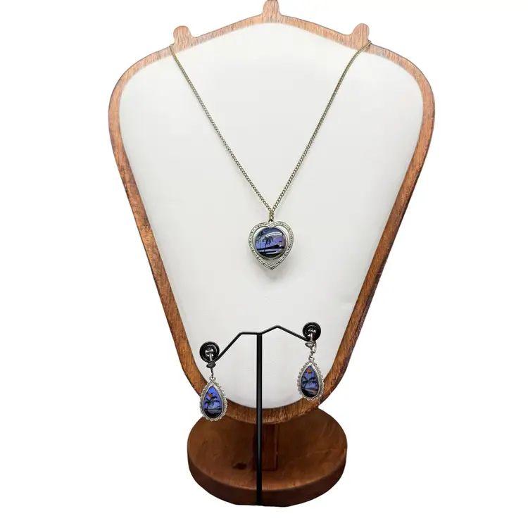 Sterling Silver Blue Morpho Butterfly Wing Earrings & Reversible Necklace Vtg