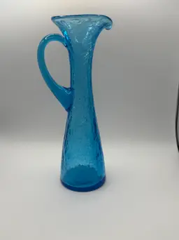 Vintage Blue Crackle Glass Pitcher with Applied Handle 8"