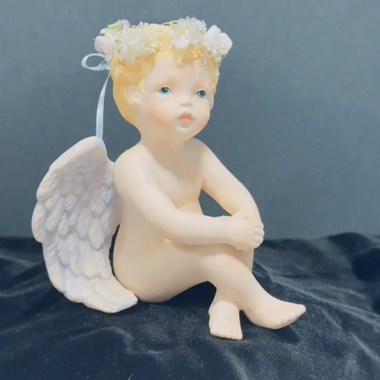 #1270 Bisque, Cherub, Angel Sitting, Cross Legged, Figurine, Statue, Signed