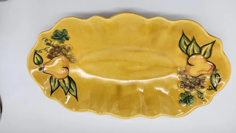 CA Pottery Serving Tray Mustard Yellow Gold with Hand Painted Fruit  15"L x 8"W