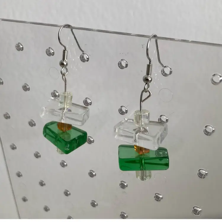 Mid-Century Stacked Glass Earrings Green And Amber