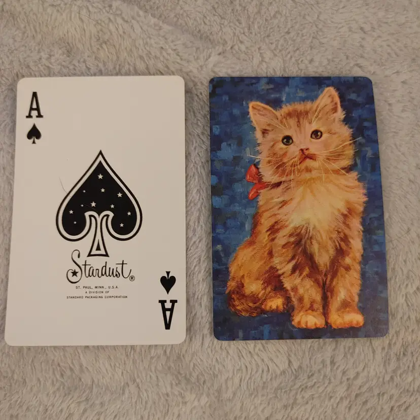 1 Single Swap Card - Playing Card. Fuzzy Kitten. Artist Florence Kroger. Vintage 1960's-1970's. Ace of Spades. Made in MN. Dimension 2.5 x 3.5. Read description.