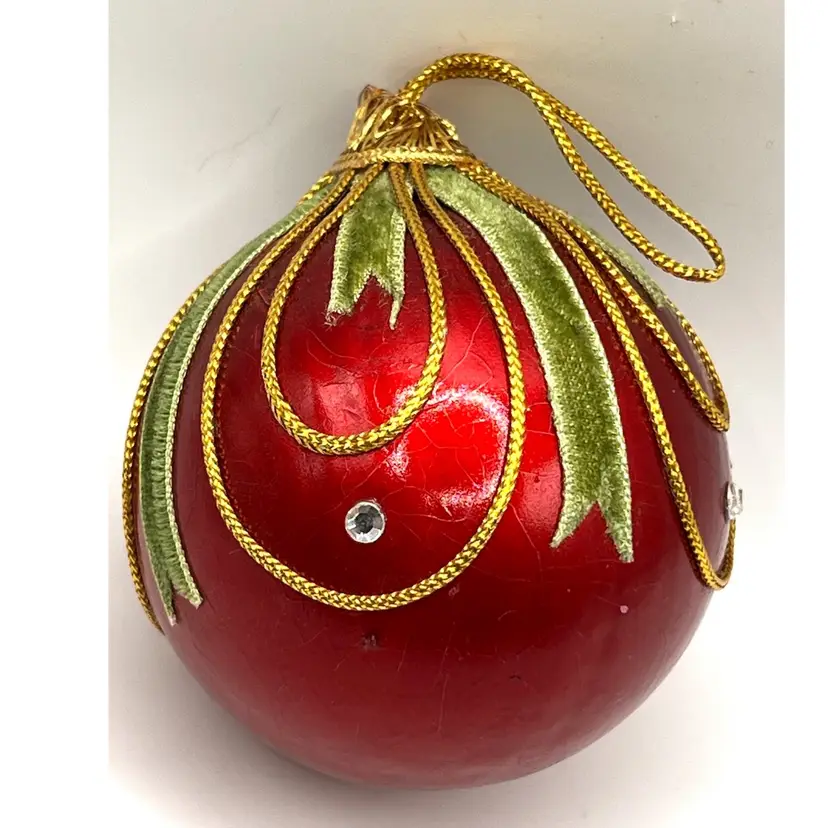 Vintage Round Ball Red Green Gold Christmas Ornament 2.5 In