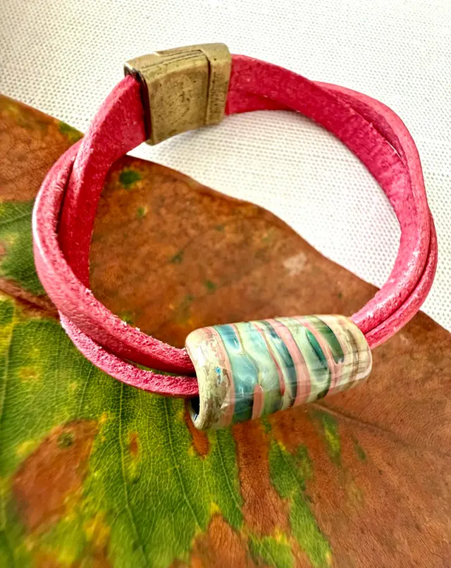 Pretty Pink Leather Bracelet With Multi Color Ceramic Bead